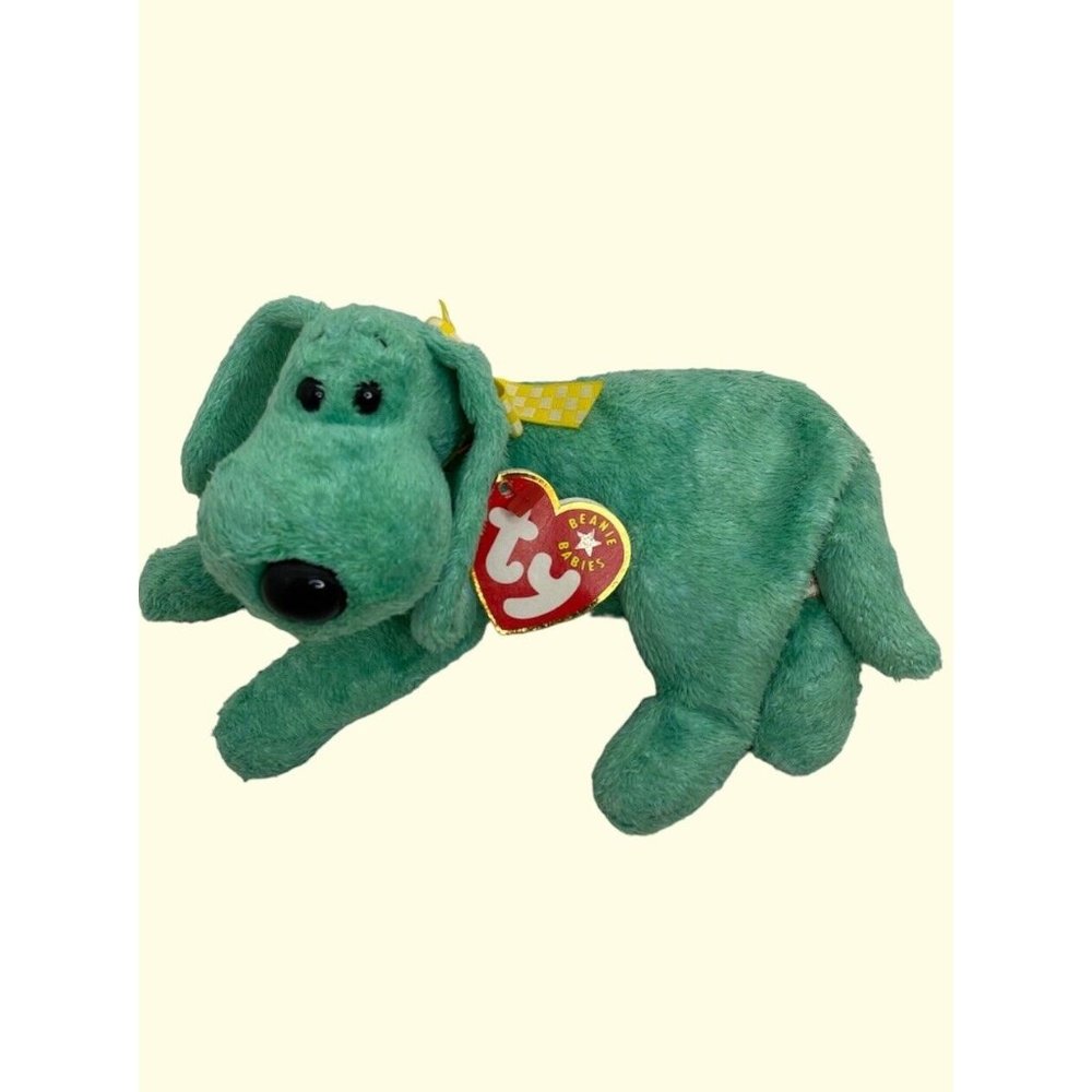 Ty Beanie Baby DIDDLEY Green Dog Yellow Bow Retired
